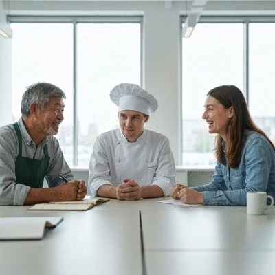 Collaborative meeting between a fish farmer, a chef, and an environmental advocate discussing sustainable seafood practices, clean image, no text, no words, no typography