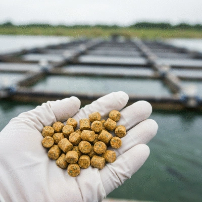 Close-up of innovative fish feed pellets in a hand, with out-of-focus fish farm in the background