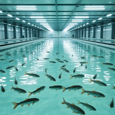 Modern sustainable aquaculture farm with clean water and healthy fish, no text, no words, no typography, 8K