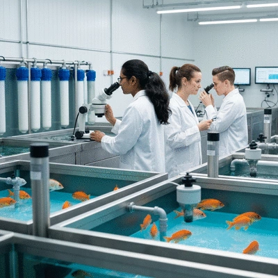 Aquaculture research facility with tanks and scientists, clean image, no text