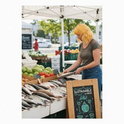 Person selecting fresh fish at a local farmers' market with a sign indicating sustainable sourcing, no text, no words, no typography, clean image