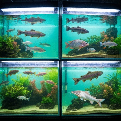 Various freshwater fish species like rainbow trout, tilapia, and catfish in separate tanks