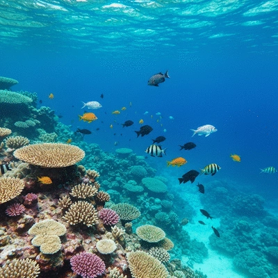 Diverse marine life thriving in a healthy ocean ecosystem, clear blue water, coral reefs, various fish species, no text, no words, no typography, clean image