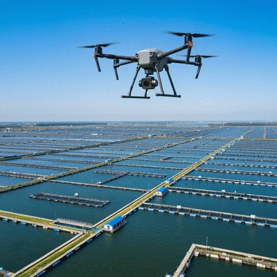 Drone monitoring a large aquaculture farm, showing smart farming technology