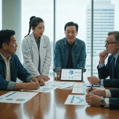 A group of diverse stakeholders, including farmers, scientists, and policymakers, collaborating around a table with documents and a tablet, discussing aquaculture policy, in a bright, modern meeting room