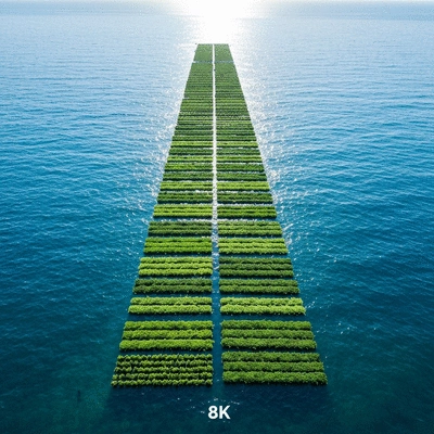 Aerial view of a sustainable seaweed farm off the California coast, with clear blue water and vibrant green seaweed growing in neat rows, no text, no words, no typography, 8K