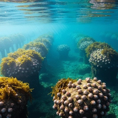 Sustainable aquaculture farm with seaweed and shellfish in clear blue water