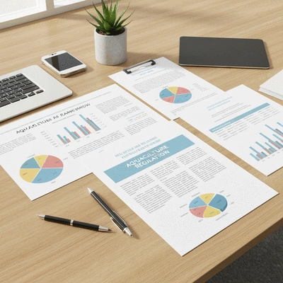 Documents and charts representing aquaculture regulatory framework