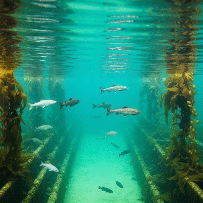 Close-up of a sustainable aquaculture farm with fish swimming in clean water