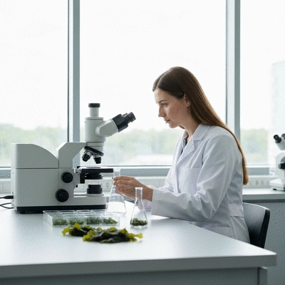 Scientist in a lab coat examining seaweed samples with scientific equipment, representing regulatory compliance and research in seaweed farming, no text, no words, no typography, 8K