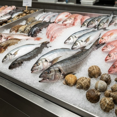 Close-up of fresh, sustainable seafood on a bed of ice in a market, vibrant colors, clean presentation, no text, no words, no typography, clean image