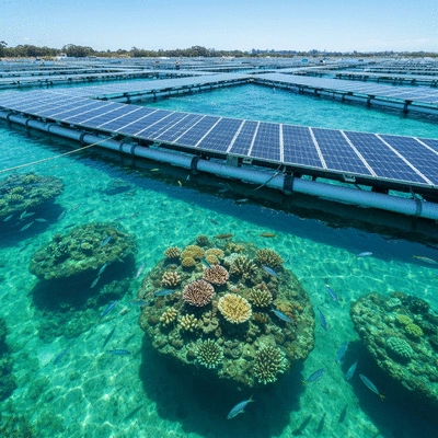 Sustainable aquaculture farm in California with visible solar panels and clean water