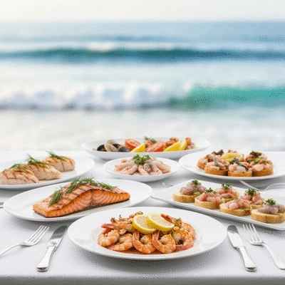 Table spread with various sustainably sourced seafood dishes, fresh and appealing, with a blurred ocean background, no text, no words, no typography, clean image
