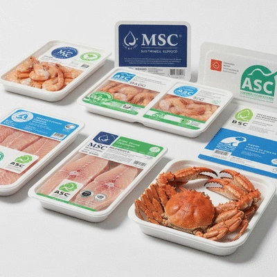 Various sustainable seafood certification labels on packaging