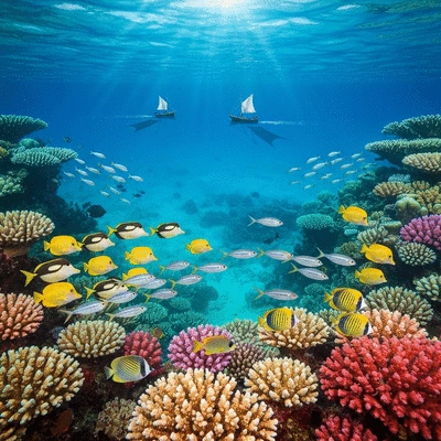 Illustration of healthy fish populations in a vibrant marine habitat with fishing boats in the background