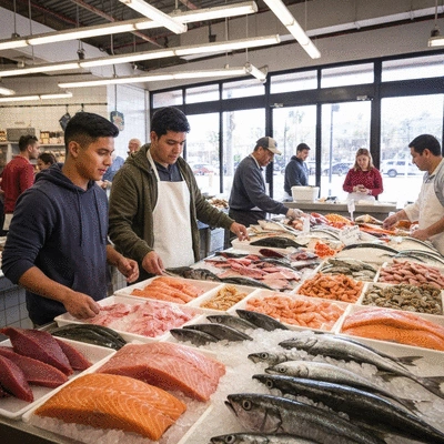 Customers browsing sustainable seafood options at a local fish market