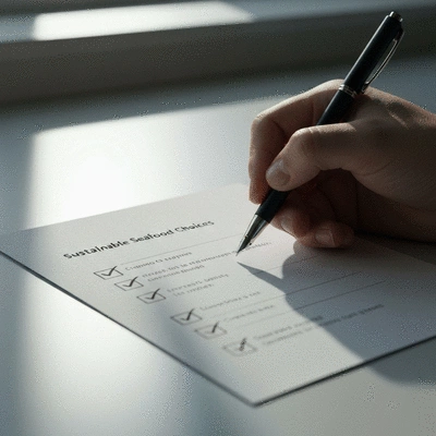 Hand writing on a checklist for sustainable seafood choices