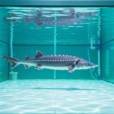 Sturgeon swimming in a clean, well-maintained aquaculture tank, representing sustainable farming practices