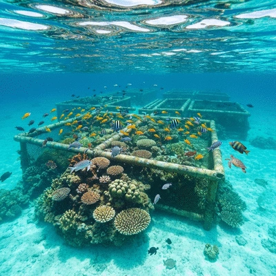 Sustainable aquaculture farm with diverse marine life thriving around it, clean water