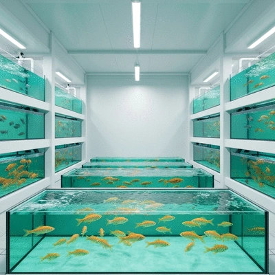 Modern aquaculture facility with clean, well-maintained tanks and healthy fish, no text, no words, no typography, 8K, clean image