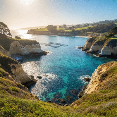 Coastal ecosystem in California with a small aquaculture farm in the distance