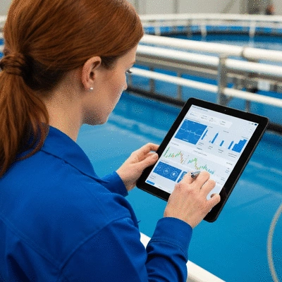 Close-up of a modern fish farm technician monitoring water quality on a tablet, no text, no words, no typography, 8K, clean image