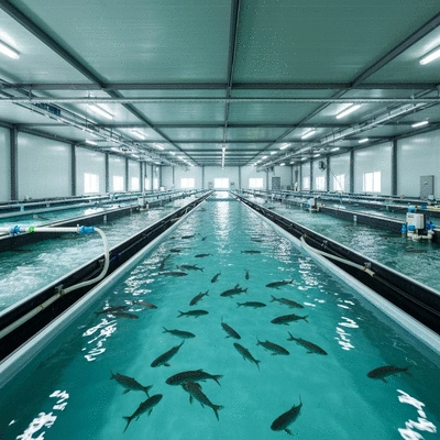 Modern fish farm with AI monitoring systems and healthy fish, clean water