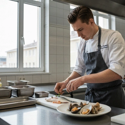 Chef preparing a sustainable seafood dish in a professional kitchen