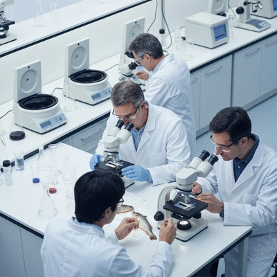 Scientists examining fish in a laboratory setting, clean image, no text