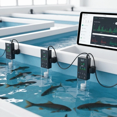 IoT devices monitoring water conditions in an aquaculture farm