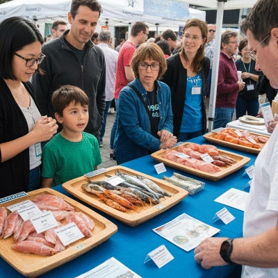 People at a community event interacting with a sustainable seafood display, vibrant and educational