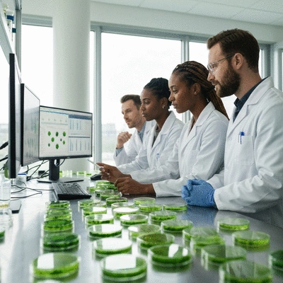 Scientists collaborating on aquaculture research in a modern lab setting