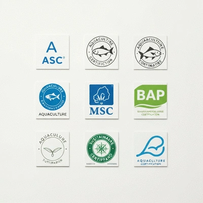 Several aquaculture certification labels on a white background, like ASC, MSC, BAP