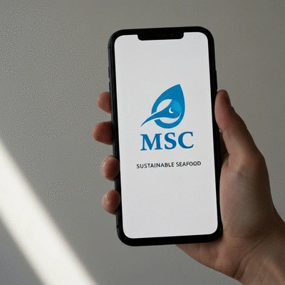 Hand holding a smartphone displaying seafood certification information