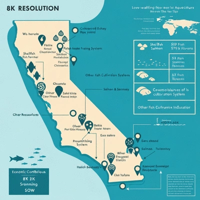 Overview of California's aquaculture industry, showing a map of California with icons representing different types of fish farms and economic contributions