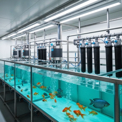 Modern aquaculture system with fish tanks and filtration in a clean facility