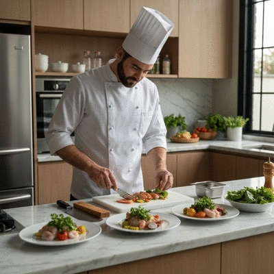Chef preparing a sustainable seafood dish in a modern kitchen