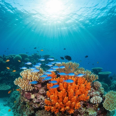 Vibrant, healthy marine ecosystem with various fish and coral, representing biodiversity, no text, no words, no typography, 8K