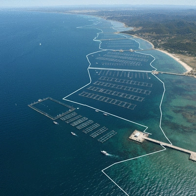 Satellite view of designated aquaculture opportunity areas along a coastline