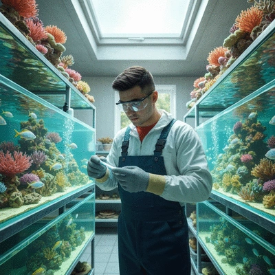 Aquaculture farm worker inspecting fish tanks
