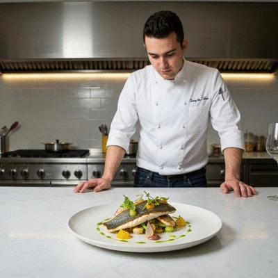 Chef preparing sustainable seafood dish from farm-to-table ingredients