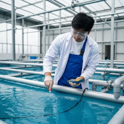 Aquaculture farm worker checking water quality in a controlled environment