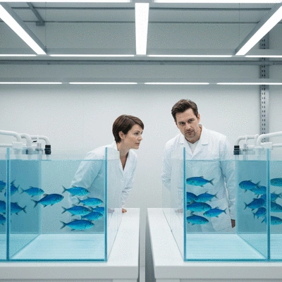 Modern aquaculture facility with clean tanks and workers monitoring fish, no text, no words, no typography, clean image