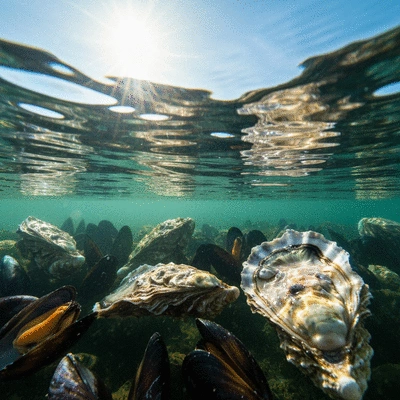 Close-up of healthy shellfish (oysters and mussels) being farmed in clean ocean water, with clear blue water and sunlight reflecting, no text, no words, no typography, clean image