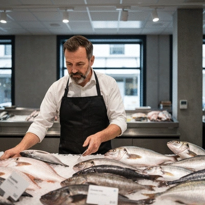 Person choosing sustainable fish at a market