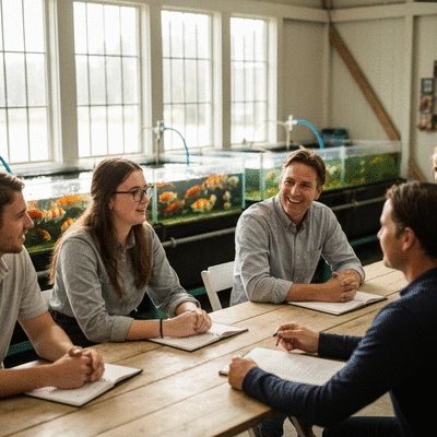 Group of people discussing sustainable aquaculture practices at a farm