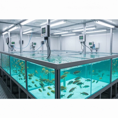 Modern recirculating aquaculture system (RAS) with clean tanks and healthy fish