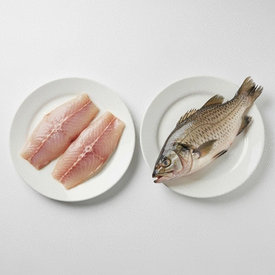 Two plates of seafood side-by-side, one with farmed fish and one with wild-caught fish, illustrating differences in freshness and presentation, no text, no words, no typography, clean image