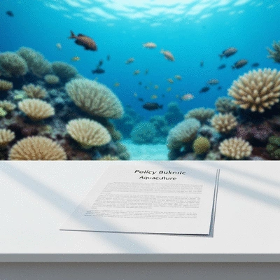 Policy document or blueprint for aquaculture on a desk with marine ecosystem background