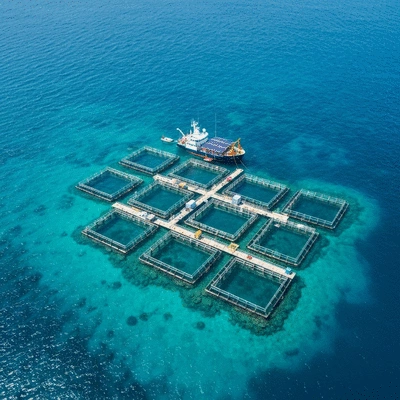 Aerial view of a sustainable offshore aquaculture farm in clear blue water, with a research vessel nearby, representing economic growth and responsible practices, no text, no words, no typography, 8K